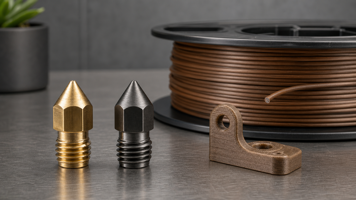 Brass and hardened-steel 3D printer nozzles beside bronze-colored metal-filled PLA and a printed bracket.