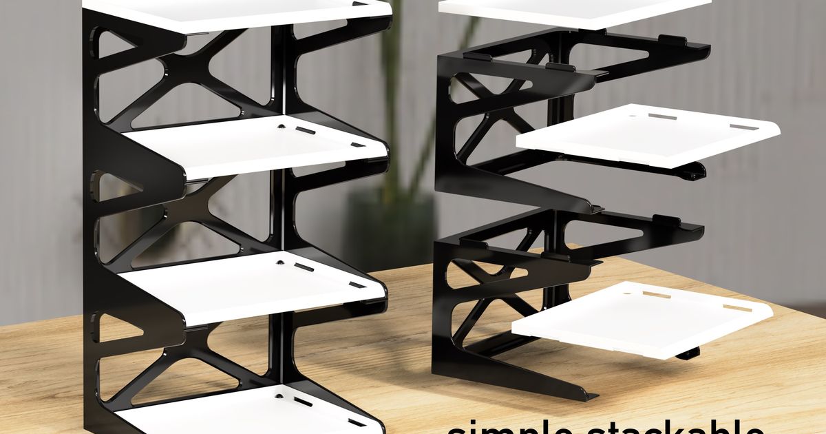 3D printed stackable shelf organizer for desktop supplies, small tools, and workspace clutter control