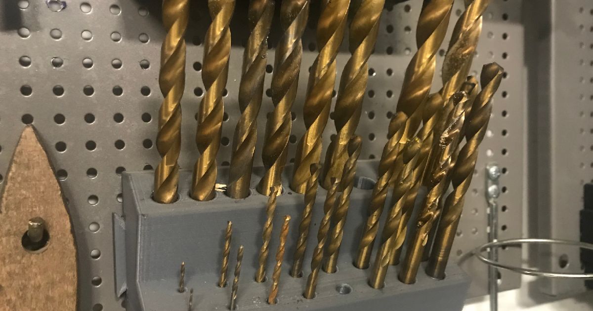 3D printed metric drill bit holder mounted for workshop storage and quick bit access
