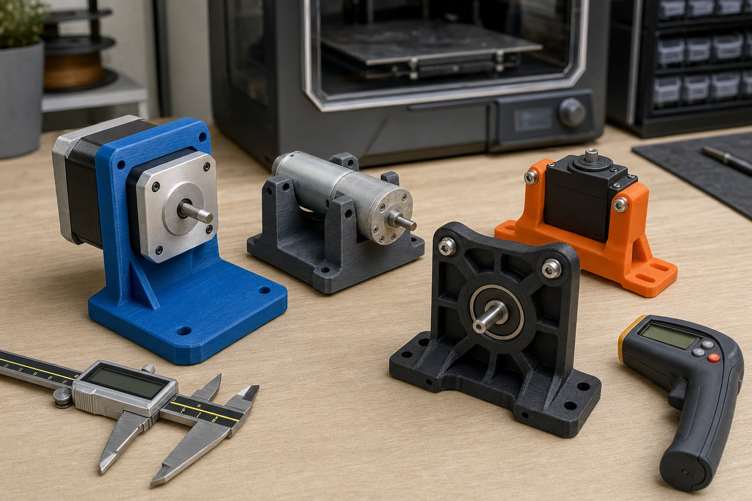 Blue, gray, orange, and black 3D printed motor mounts holding stepper, DC gear, and servo motors beside a caliper and infrared thermometer on a workshop bench.