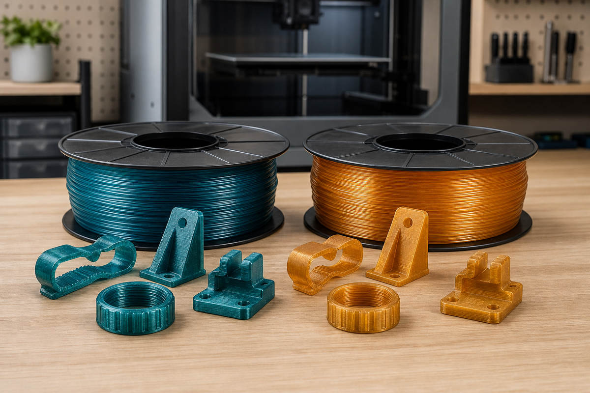 Unbranded teal and amber PCTG and PETG filament spools beside matching FDM-printed snap-fit clips, brackets, threaded caps, and functional test mounts on a workshop bench.