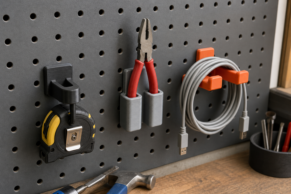 3D printed pegboard hooks and tool holders carrying a tape measure, pliers, and a coiled cable for a PLA Pro versus PETG material decision.