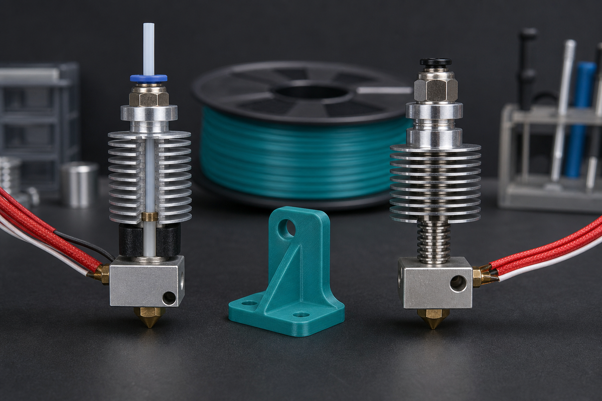 PTFE-lined and all-metal 3D printer hotends compared beside a PETG spool and printed bracket