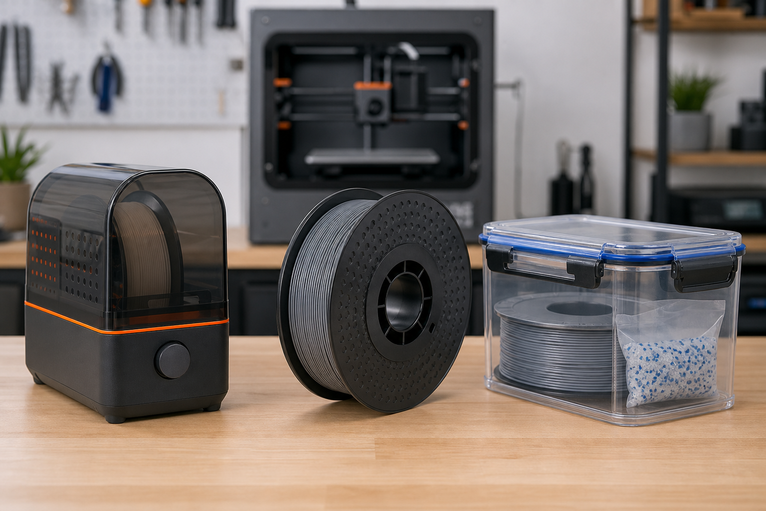 PETG spool between a filament dryer and a sealed storage box with desiccant