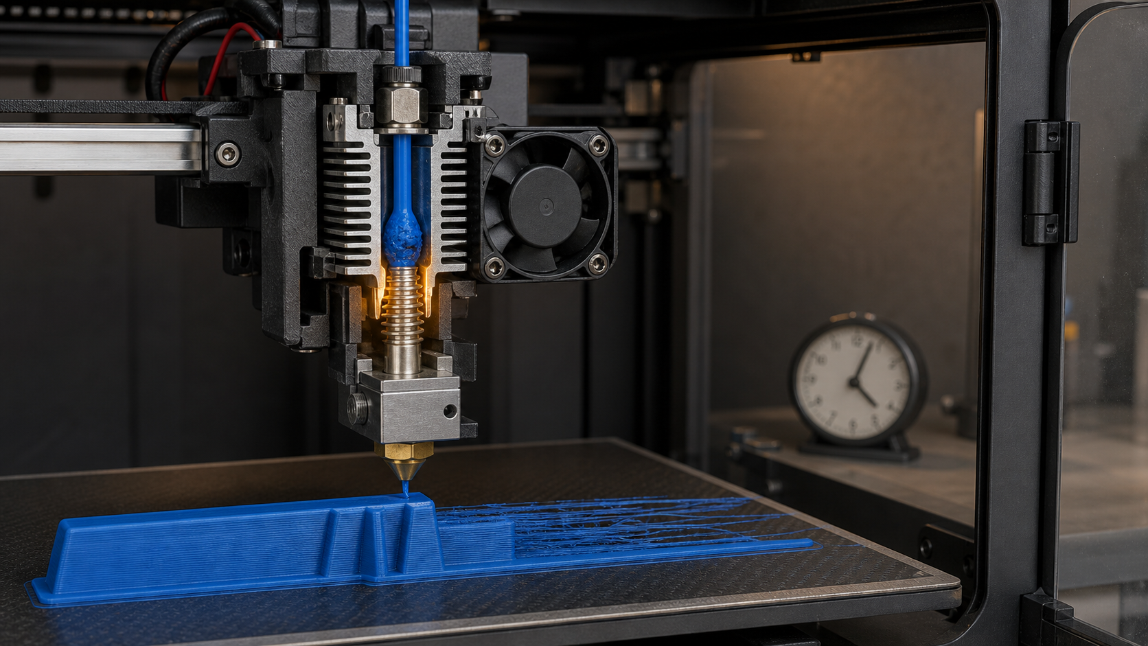 Cutaway view of blue PLA swollen above a 3D printer heat break while a long enclosed print changes from clean walls to thin intermittent extrusion.