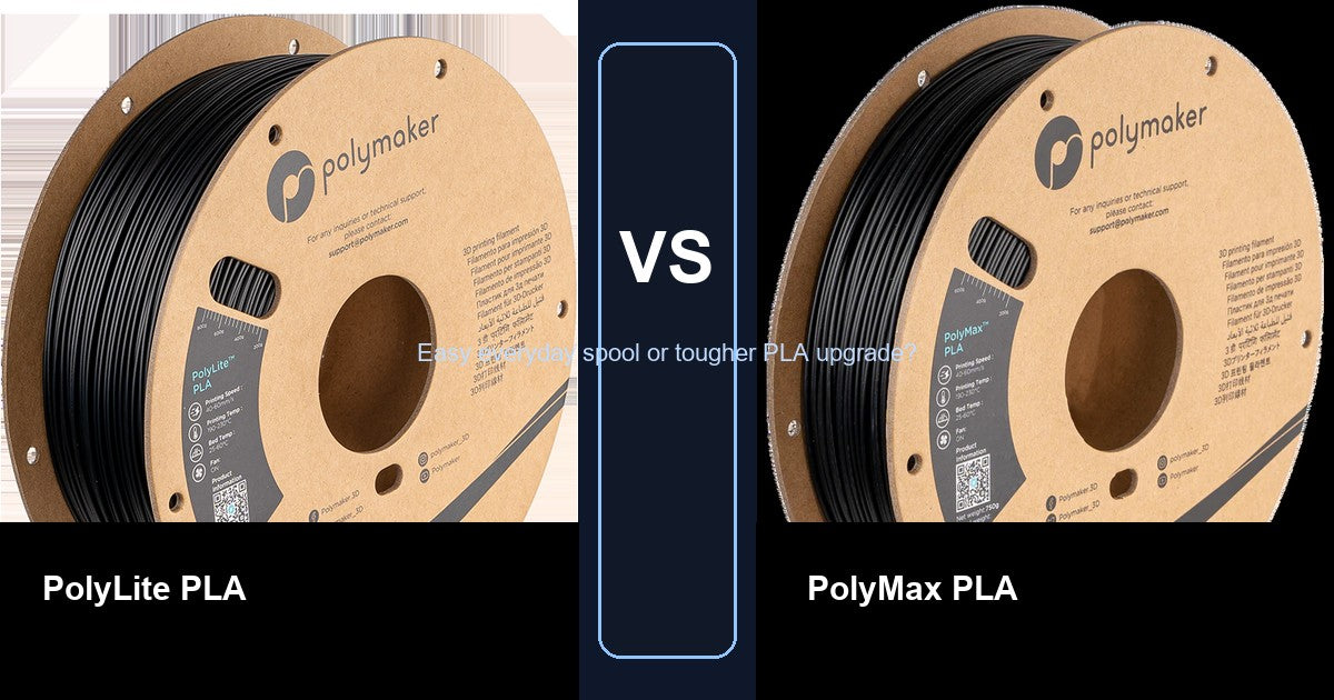 Polymaker PolyLite PLA vs PolyMax PLA comparison hero image showing both filament spools side by side