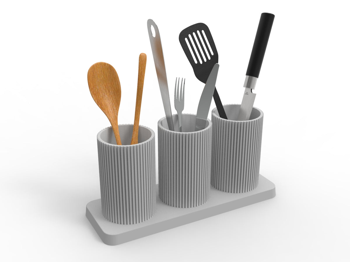 3D printed countertop utensil organizer with three vertical compartments for everyday kitchen tools
