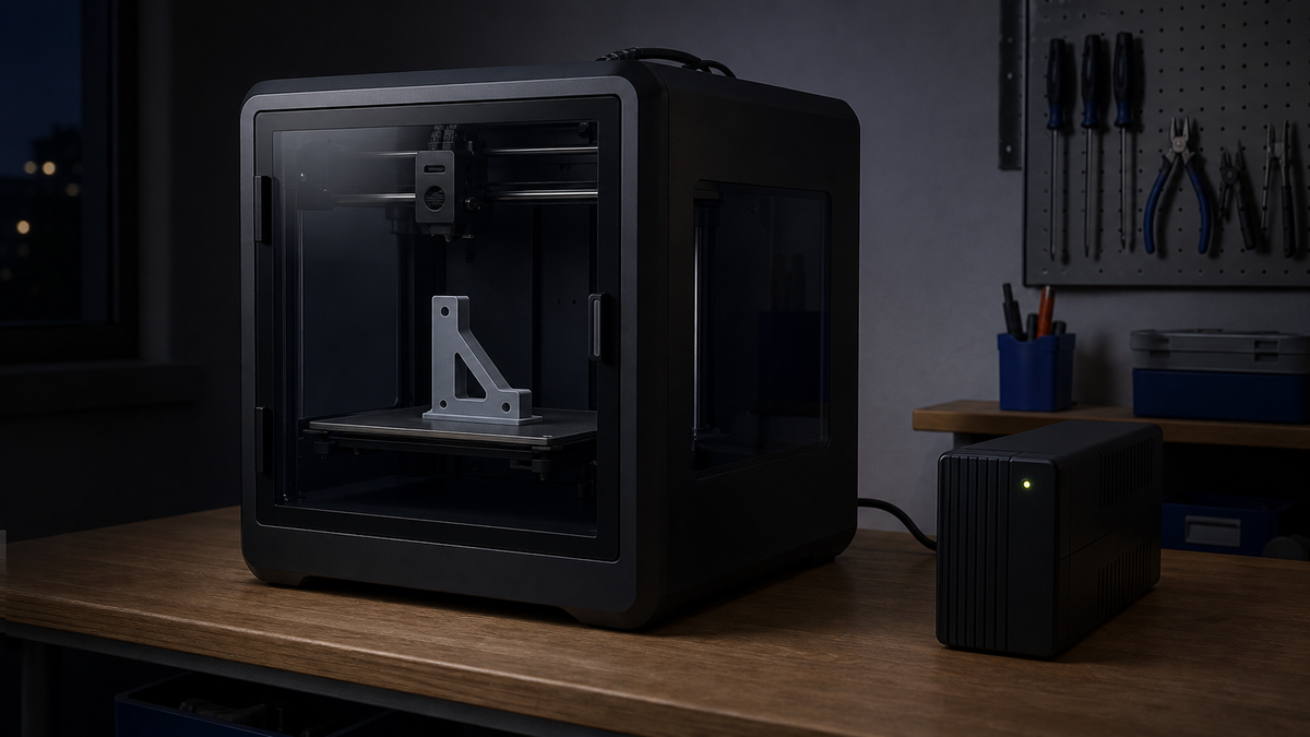 Enclosed desktop 3D printer paused mid-print beside a UPS during a power outage.