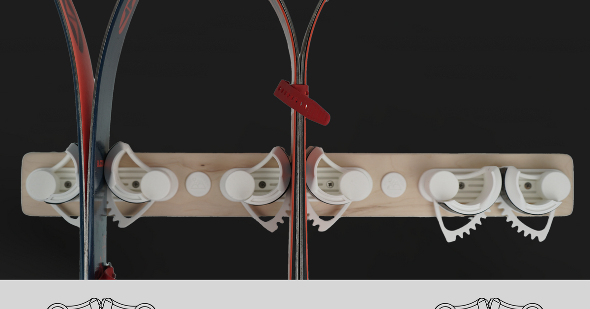 3D printed gravity ski holder wall rack for storing skis in a garage, cabin, or entryway