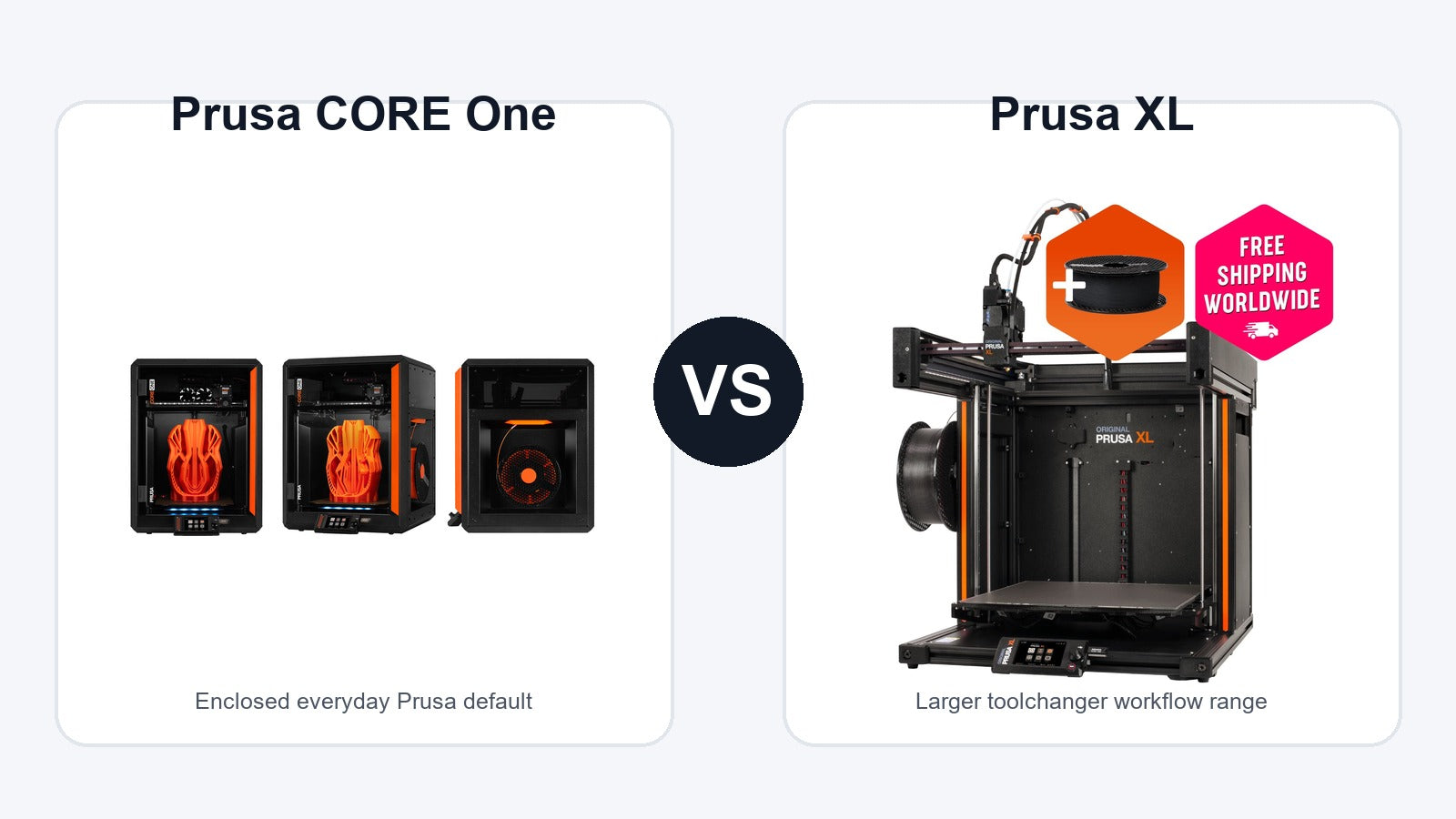 Prusa CORE One and Prusa XL 3D printer comparison hero image