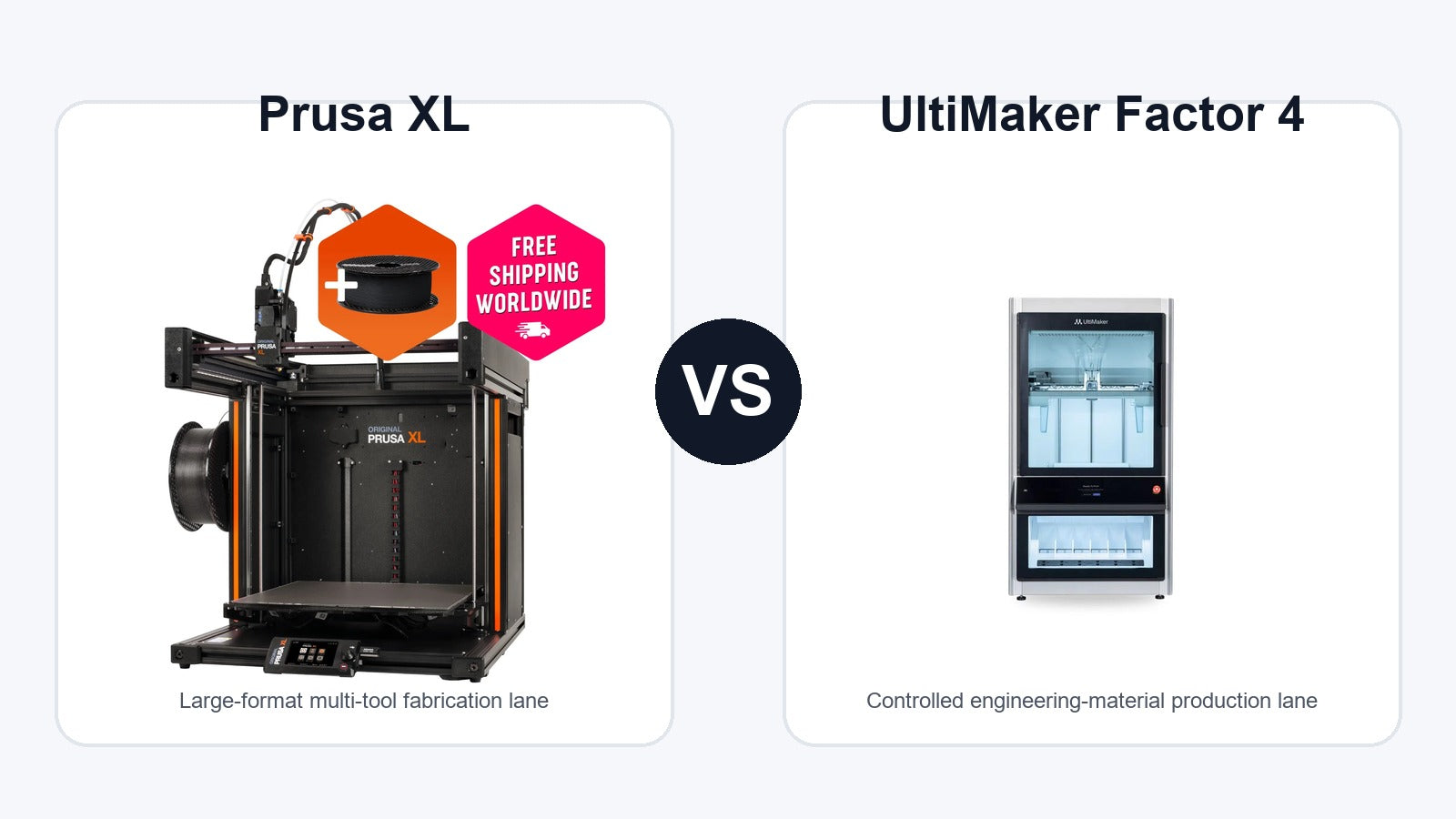 Prusa XL and UltiMaker Factor 4 3D printer comparison hero image