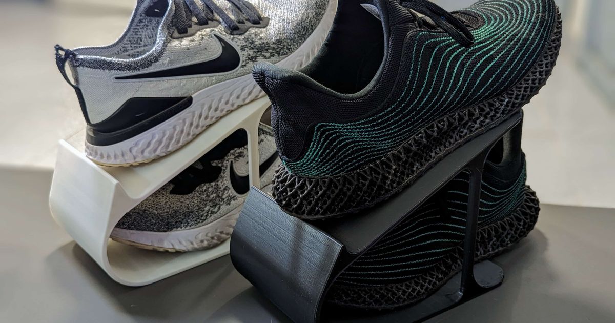 3D printed shoe organizer stacker holding one shoe above another on a shelf to save closet space