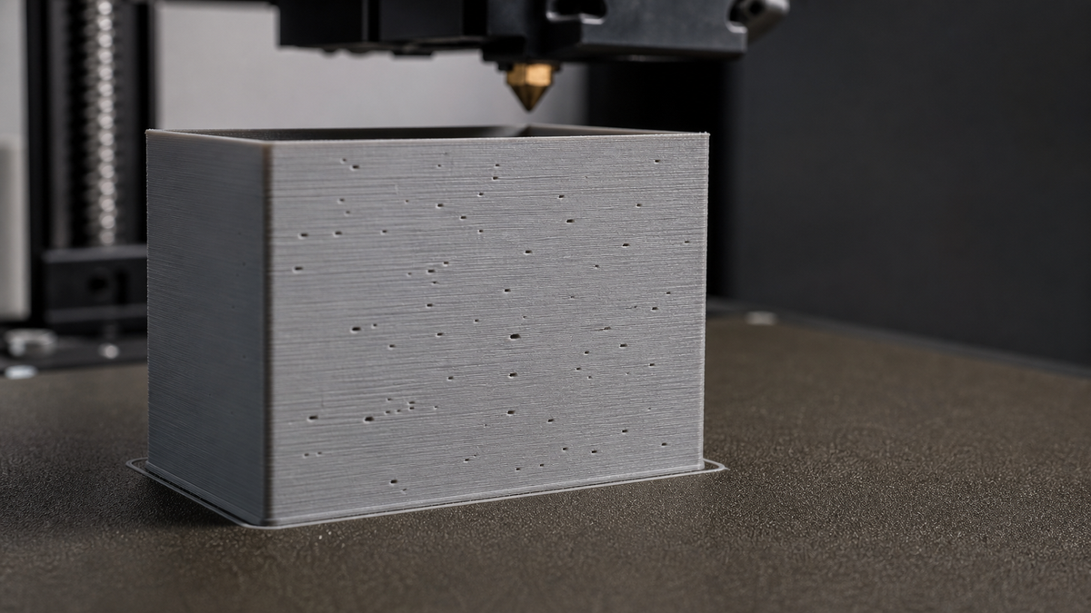 Light gray FDM calibration print with random small pits and pinholes across the front wall