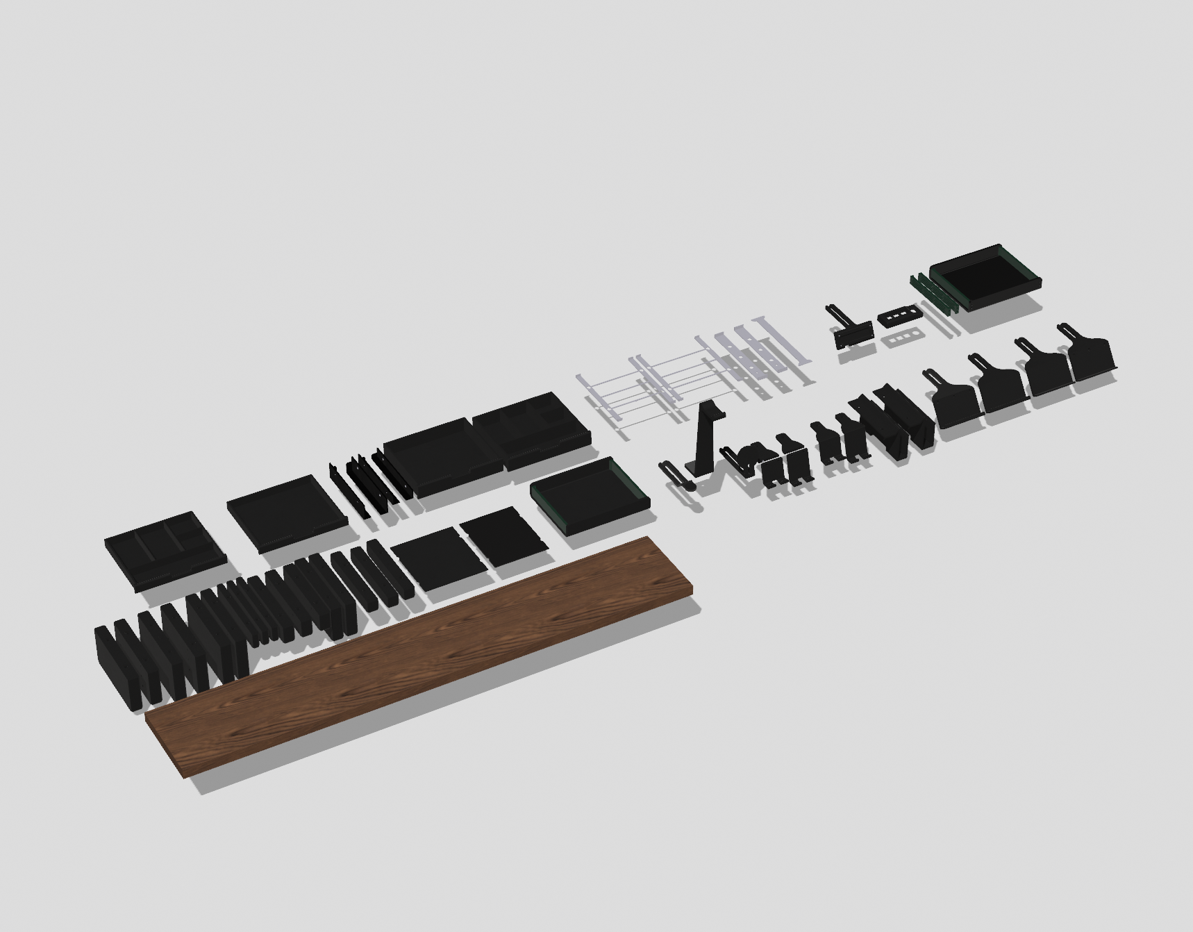 Modular 3D printed desk shelf organizer with drawers and accessory mounts under a monitor