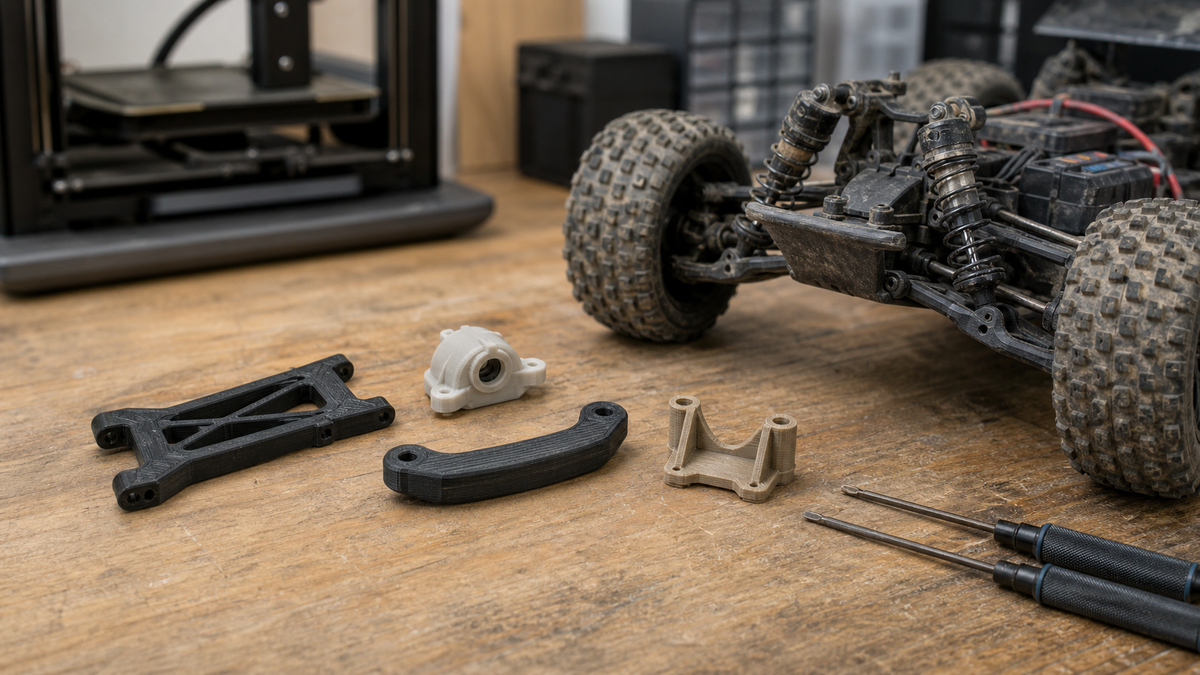 Hobby-grade off-road RC car on a workshop bench beside FDM-printed suspension, bumper, gear-cover, and body-mount replacement parts.