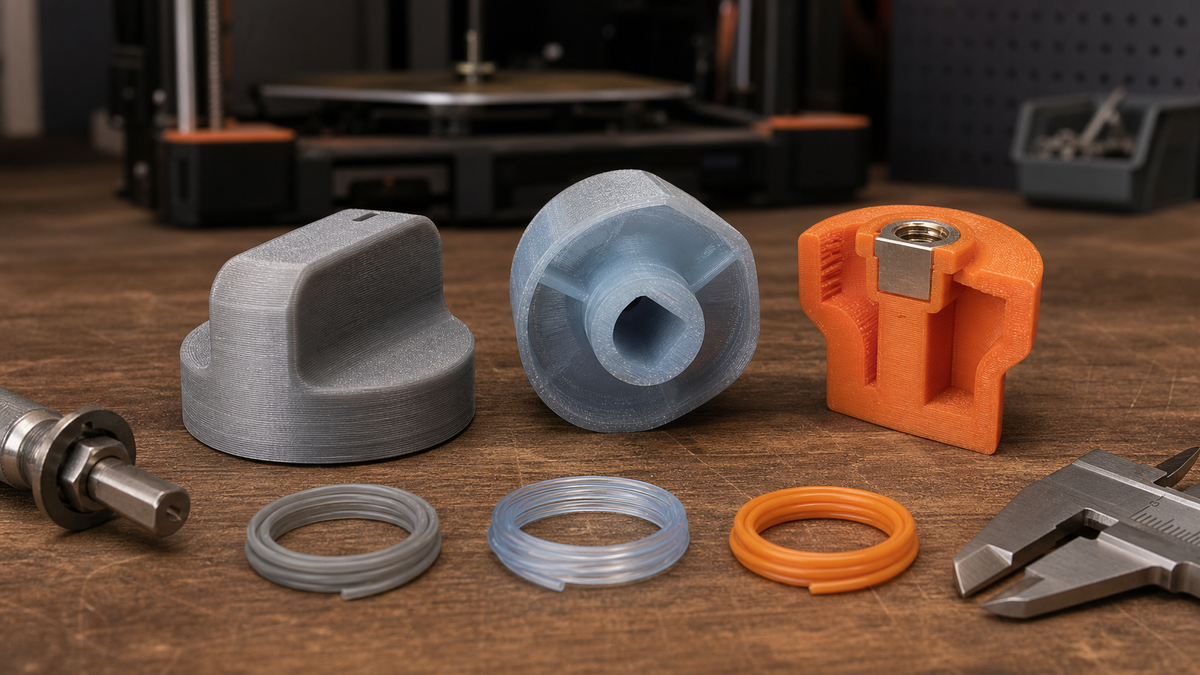 Three 3D printed replacement appliance knobs showing a D-shaft socket and a captured metal insert for PLA Pro, PETG, and ASA material selection.