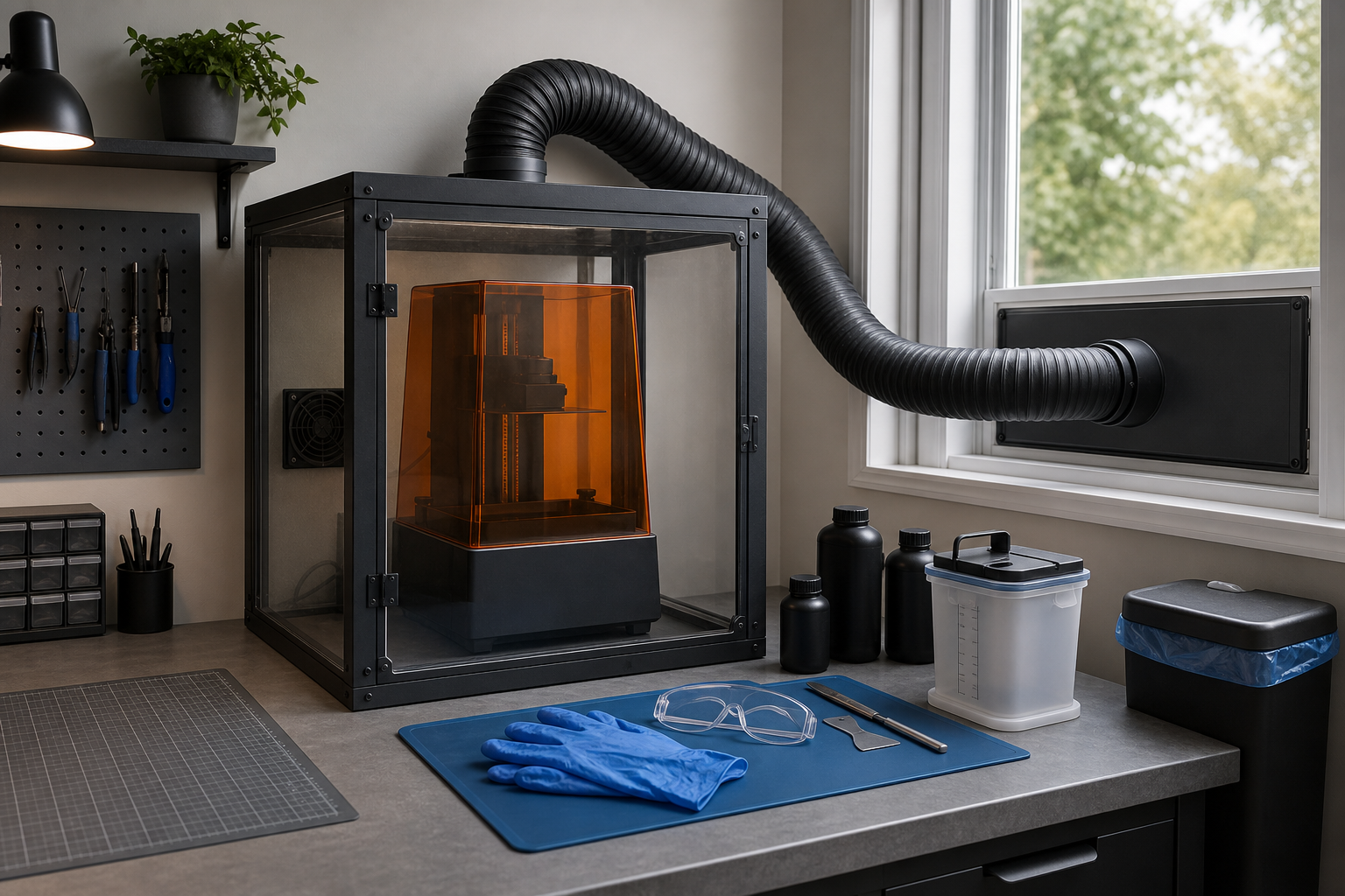 Covered resin 3D printer inside a clear ventilated enclosure with a sealed exhaust duct running to a fitted window panel beside a controlled resin workbench.