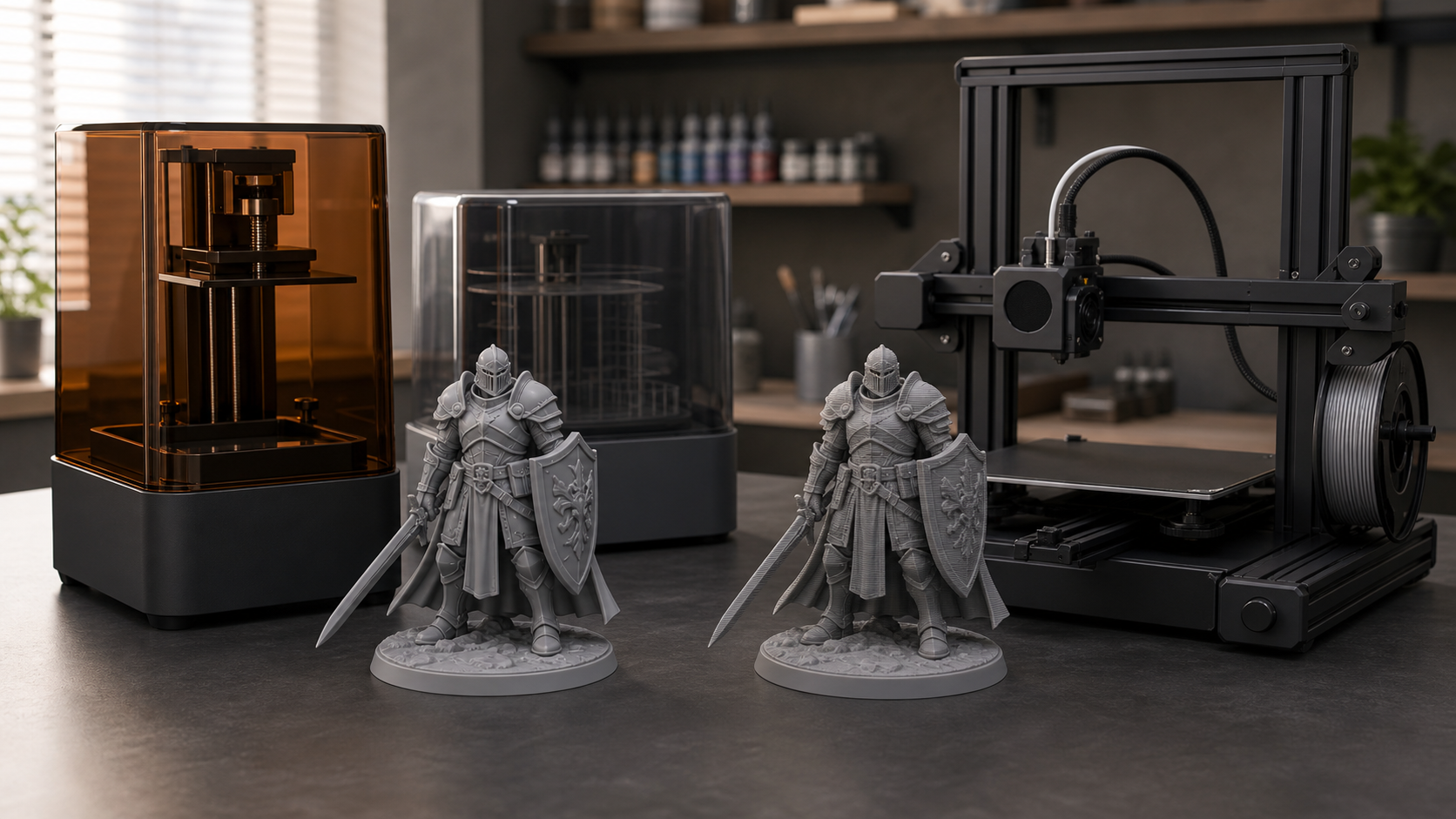 Two matching gray knight miniatures comparing a smooth resin print beside a covered resin printer with a visibly layered FDM print beside a filament printer.