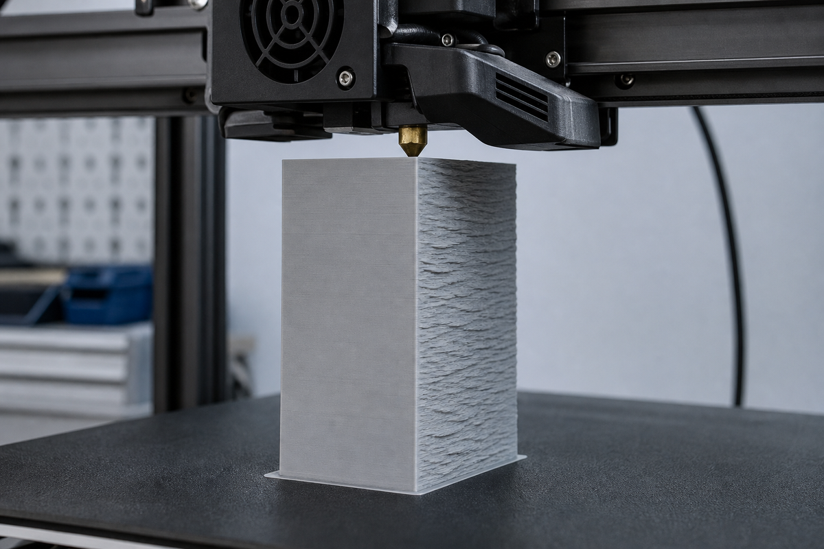 Light gray FDM calibration tower with one smooth wall and one rough wall beneath a 3D printer hotend
