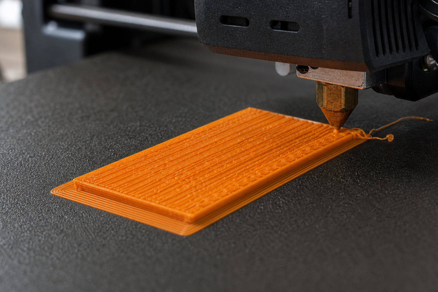 Close-up of an FDM printer nozzle dragging across a rough, ridged orange second layer on a dark build plate.