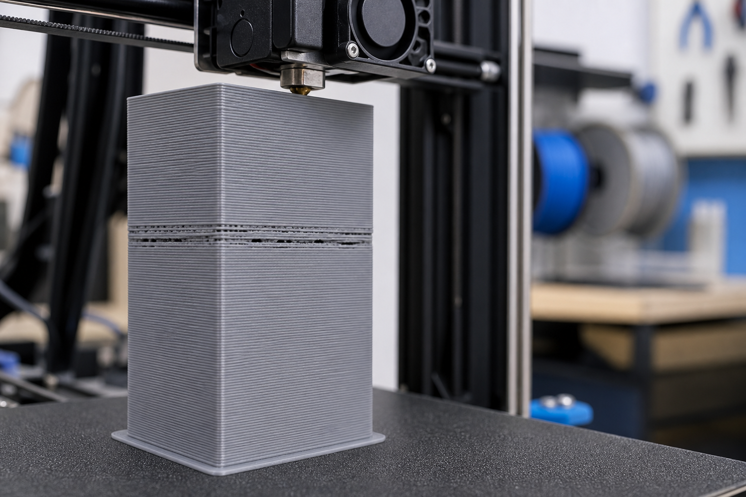Tall gray FDM calibration tower with a narrow horizontal under-extruded failure band at one repeated print height