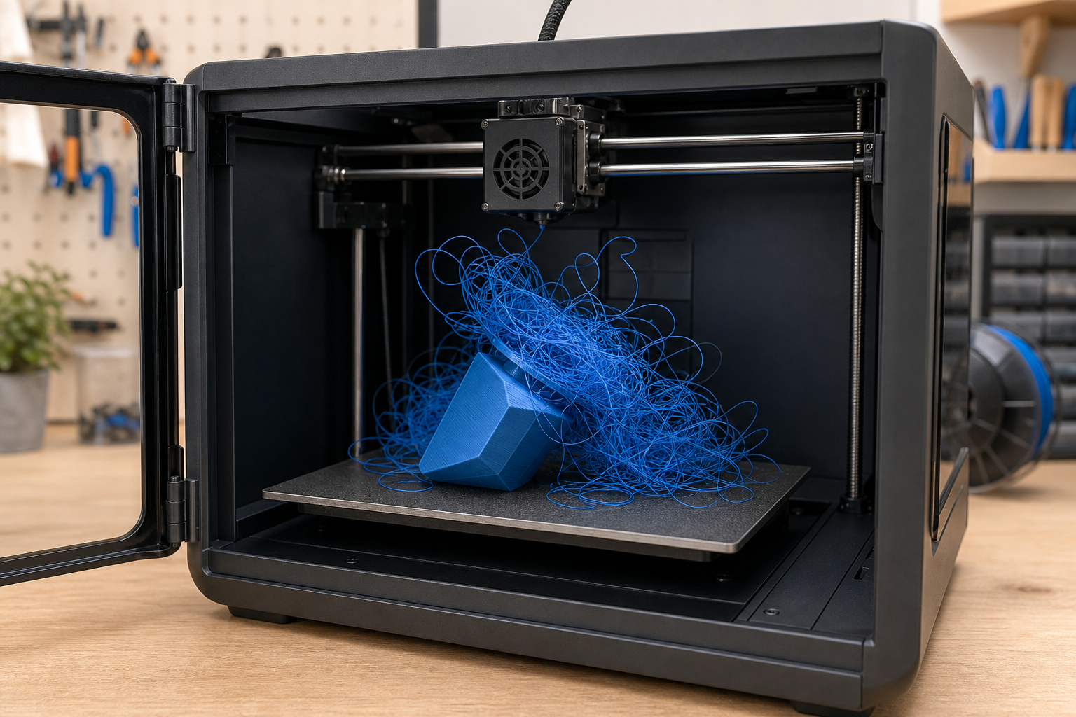 Detached blue 3D print surrounded by tangled filament strands after a spaghetti failure inside an FDM printer.