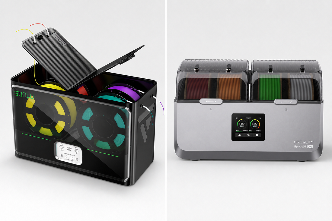 SUNLU S4 and Creality Space Pi X4 four-spool filament dryers compared side by side