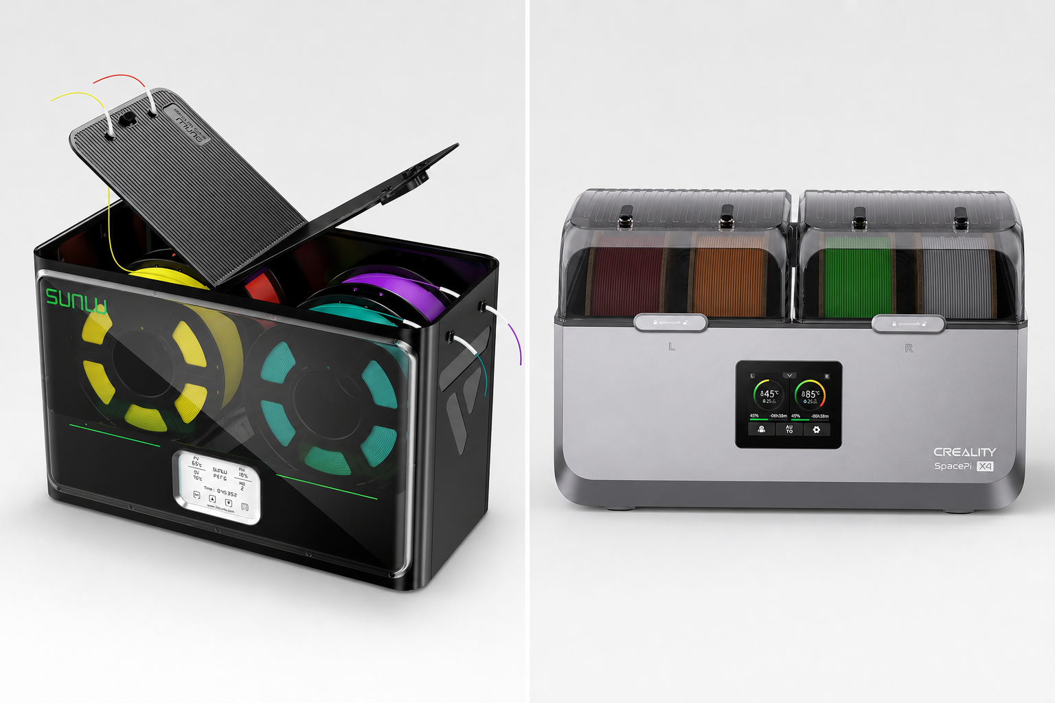 SUNLU S4 and Creality Space Pi X4 four-spool filament dryers compared side by side