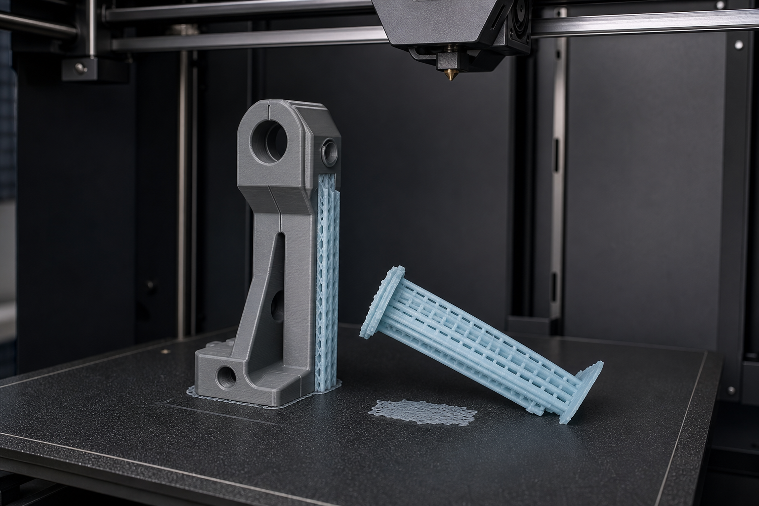 Pale blue FDM support tower tipped over beside a gray printed part on a black textured build plate