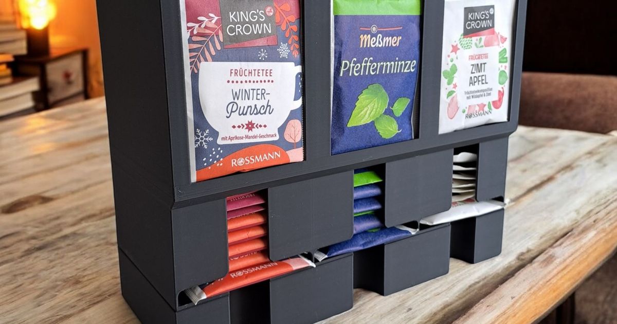 3D printed tea organizer and tea dispenser holding tea bags in a kitchen storage setup
