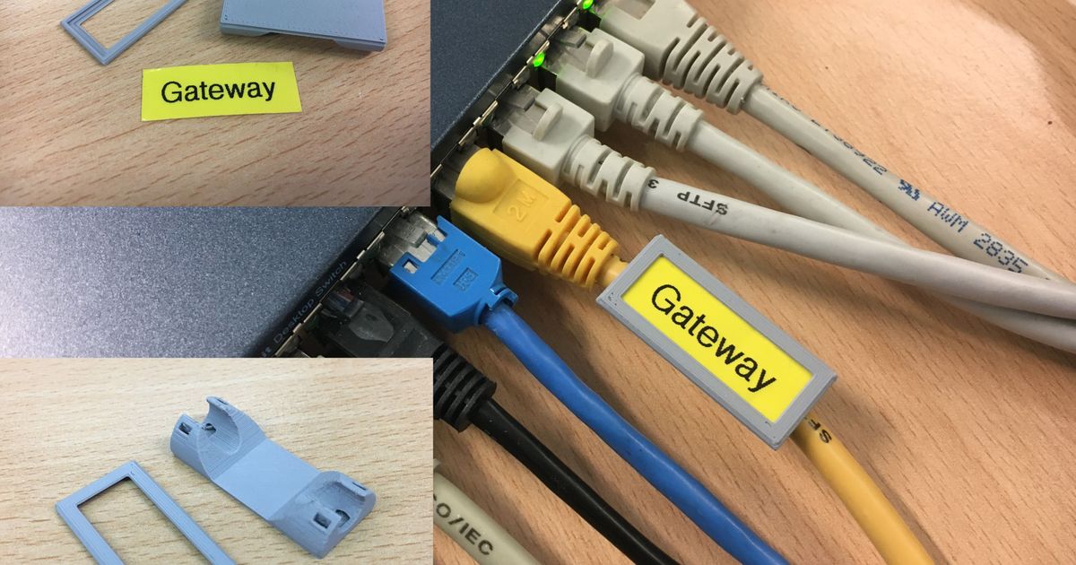 3D printed cable label tag holders used to identify Ethernet, USB, and power cords