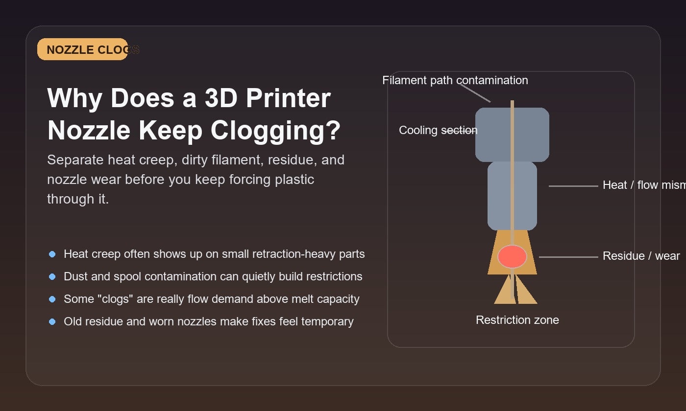 Illustration of a 3D printer nozzle clog with highlighted causes including heat creep, dusty filament, low hotend heat, cooked residue, and nozzle wear.
