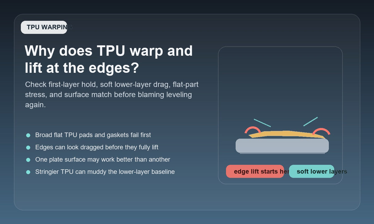Illustration of a large flat TPU print lifting at one corner on a build plate, showing flexible material warping and edge curl during printing.