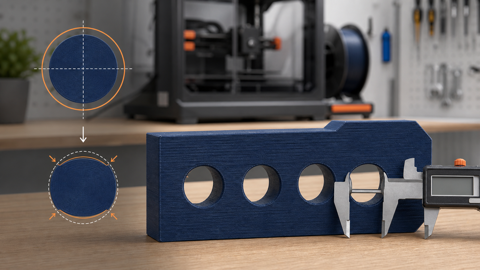 Digital caliper measuring an undersized circular hole in a blue FDM calibration block, with a visual comparison between the intended and inward-shrunk bore profiles.