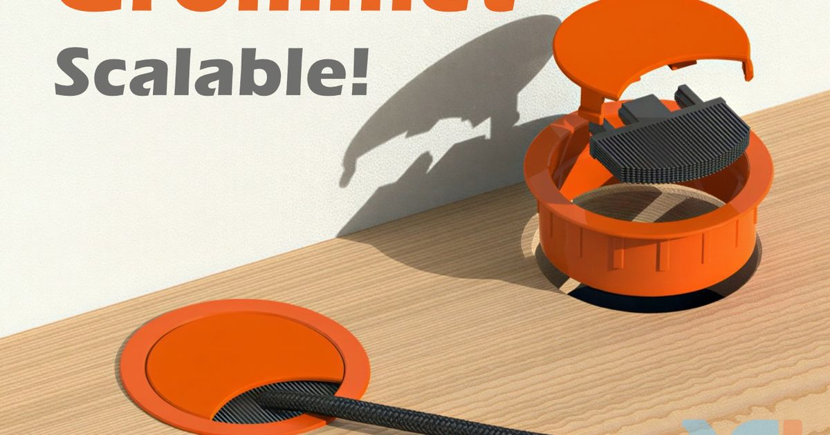 3D printed desk cable grommet routing several cords through a desk for a cleaner workspace