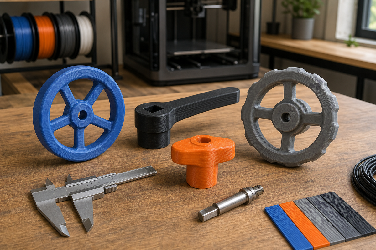 Blue, black, orange, and gray 3D printed valve handles and handwheels beside a caliper and metal valve stem on a 3D printing workshop bench.
