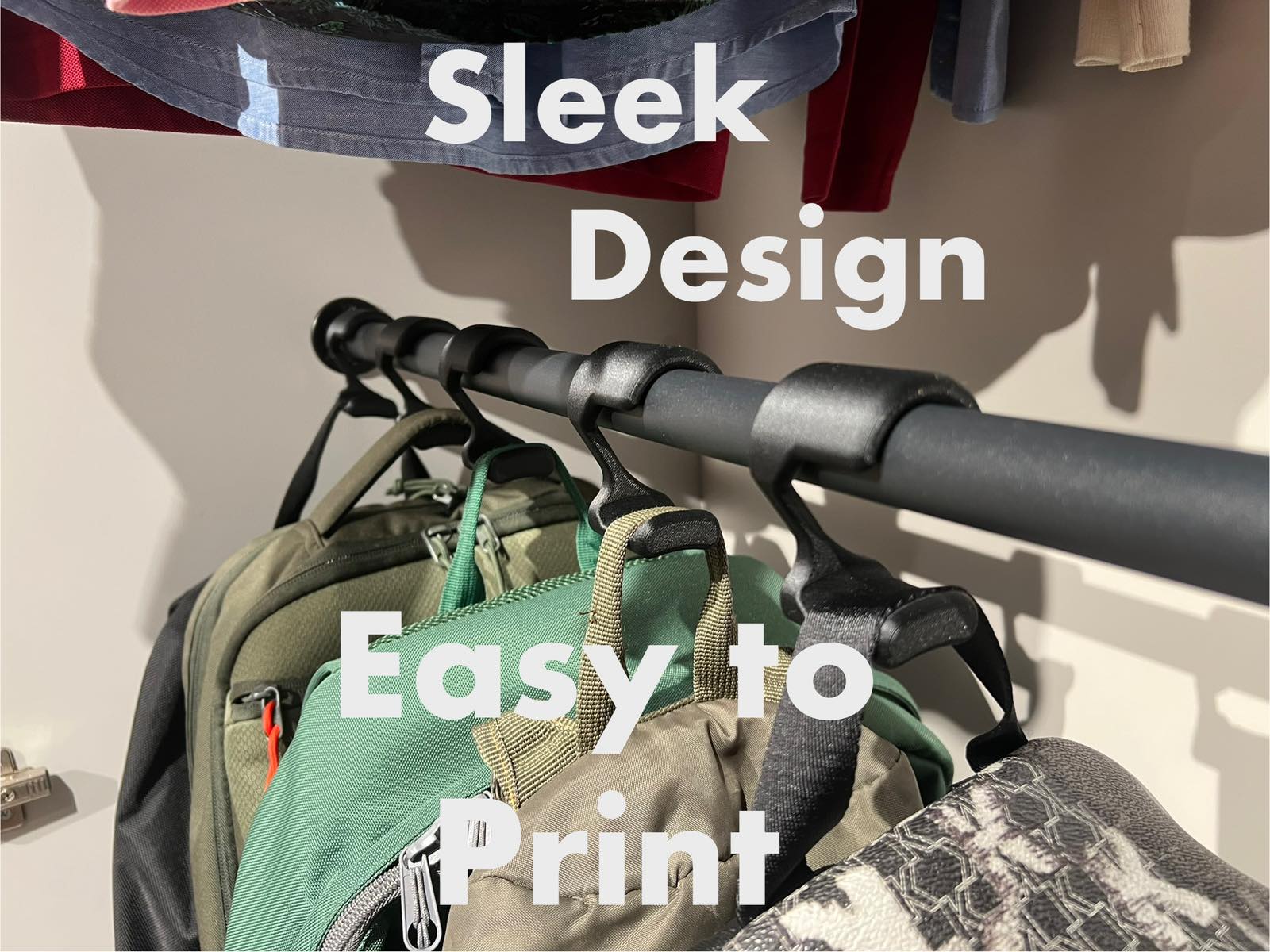 3D printed backpack hanger hooked over a closet rod for storing a backpack