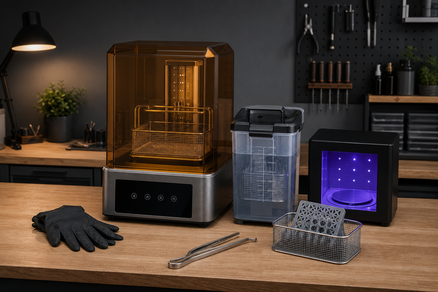 Dedicated resin wash and cure station beside a sealed manual wash container, compact UV curing chamber, gloves, tongs, and a resin print basket.