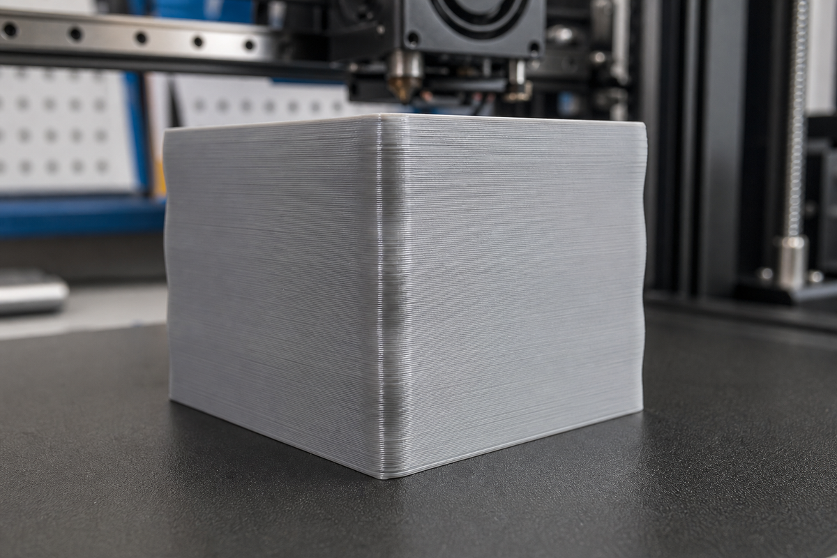 Light gray FDM test block with visibly wavy bowed walls on a 3D printer build plate