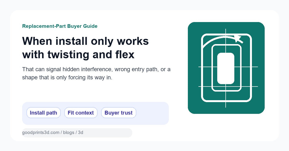 Illustration for a replacement-part guide about twisting and flexing during install and hidden interference risk.