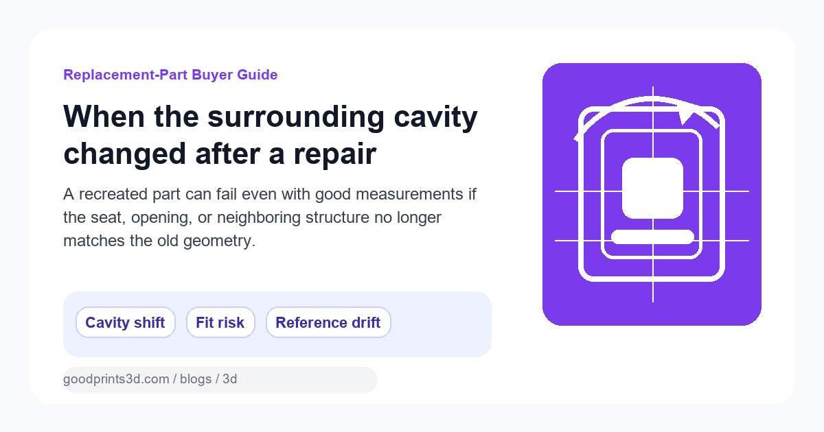 Illustration for a replacement-part guide about surrounding-cavity repairs changing the space where a recreated part must fit.