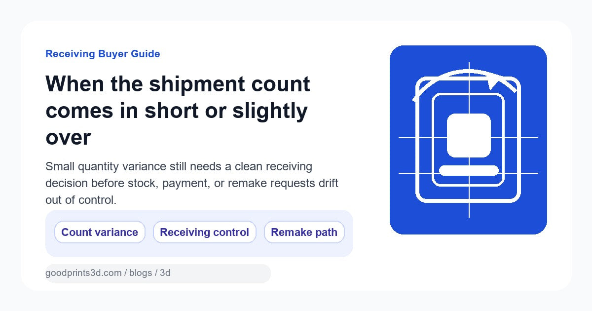 Illustration for a receiving guide about custom 3D printing orders that arrive short or slightly over the expected quantity.