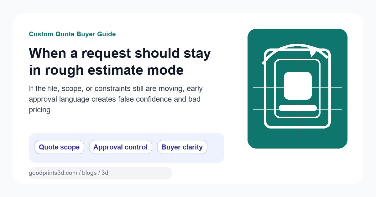 Illustration for a custom 3D printing guide about keeping a request in rough-estimate mode instead of moving to approval too early.