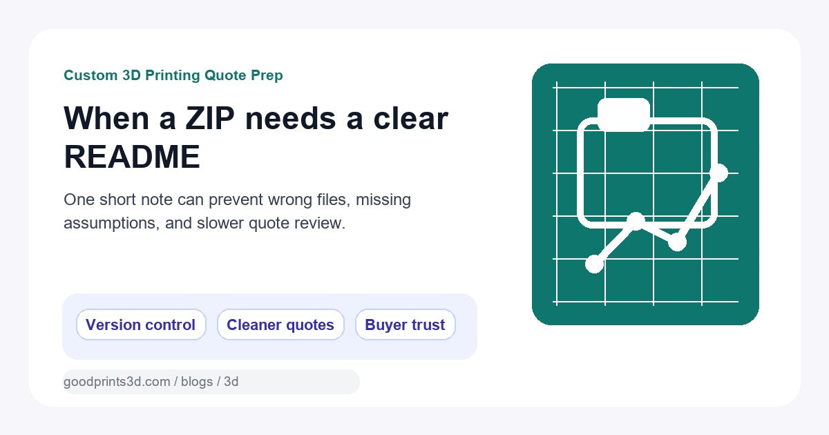 Illustration for deciding when a ZIP file should include a README before requesting a custom 3D printing quote.
