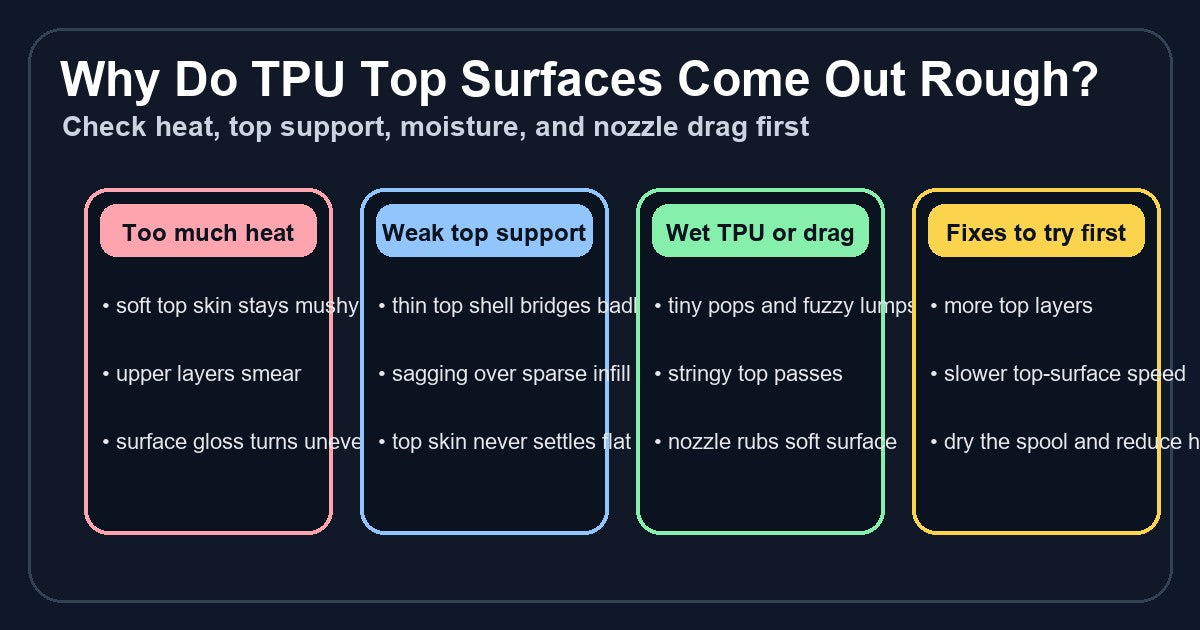 Troubleshooting graphic for rough TPU top surfaces showing heat, weak top support, moisture, and nozzle drag as the main causes to check first