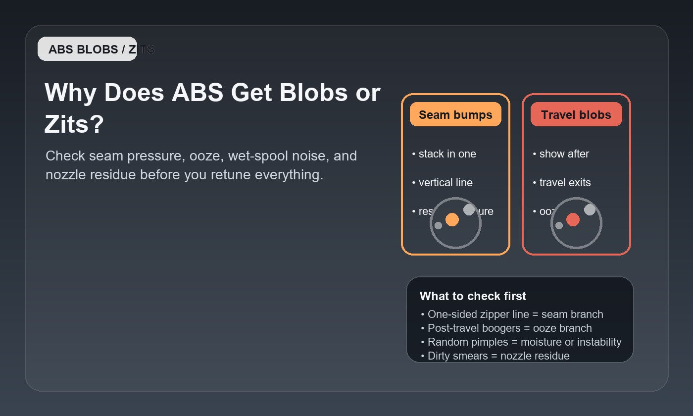 Troubleshooting graphic for ABS blobs or zits showing seam bumps, travel ooze, moisture noise, and nozzle residue as the main causes to check first