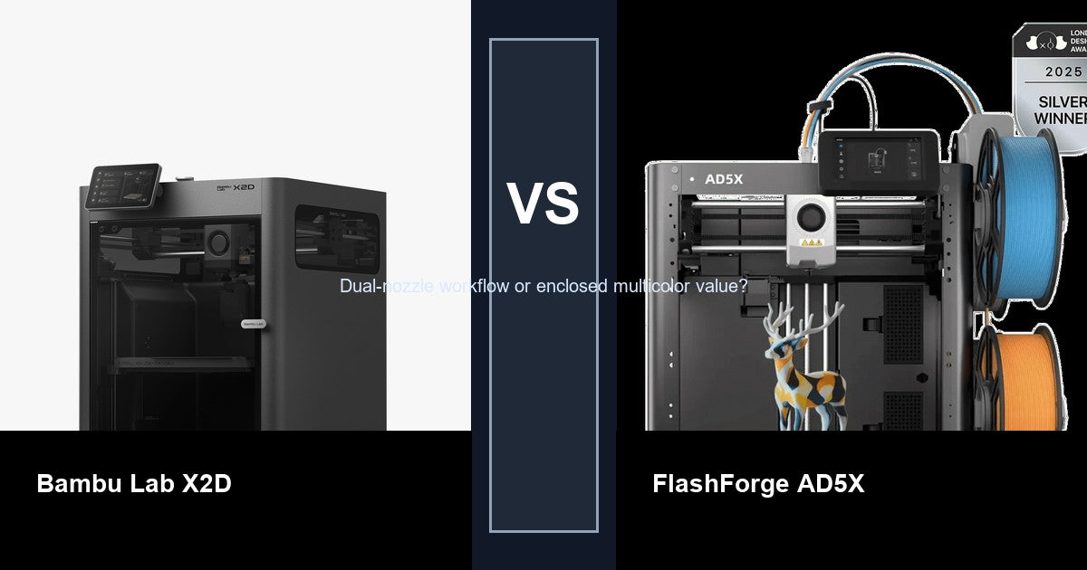 Bambu Lab X2D vs FlashForge AD5X comparison hero image