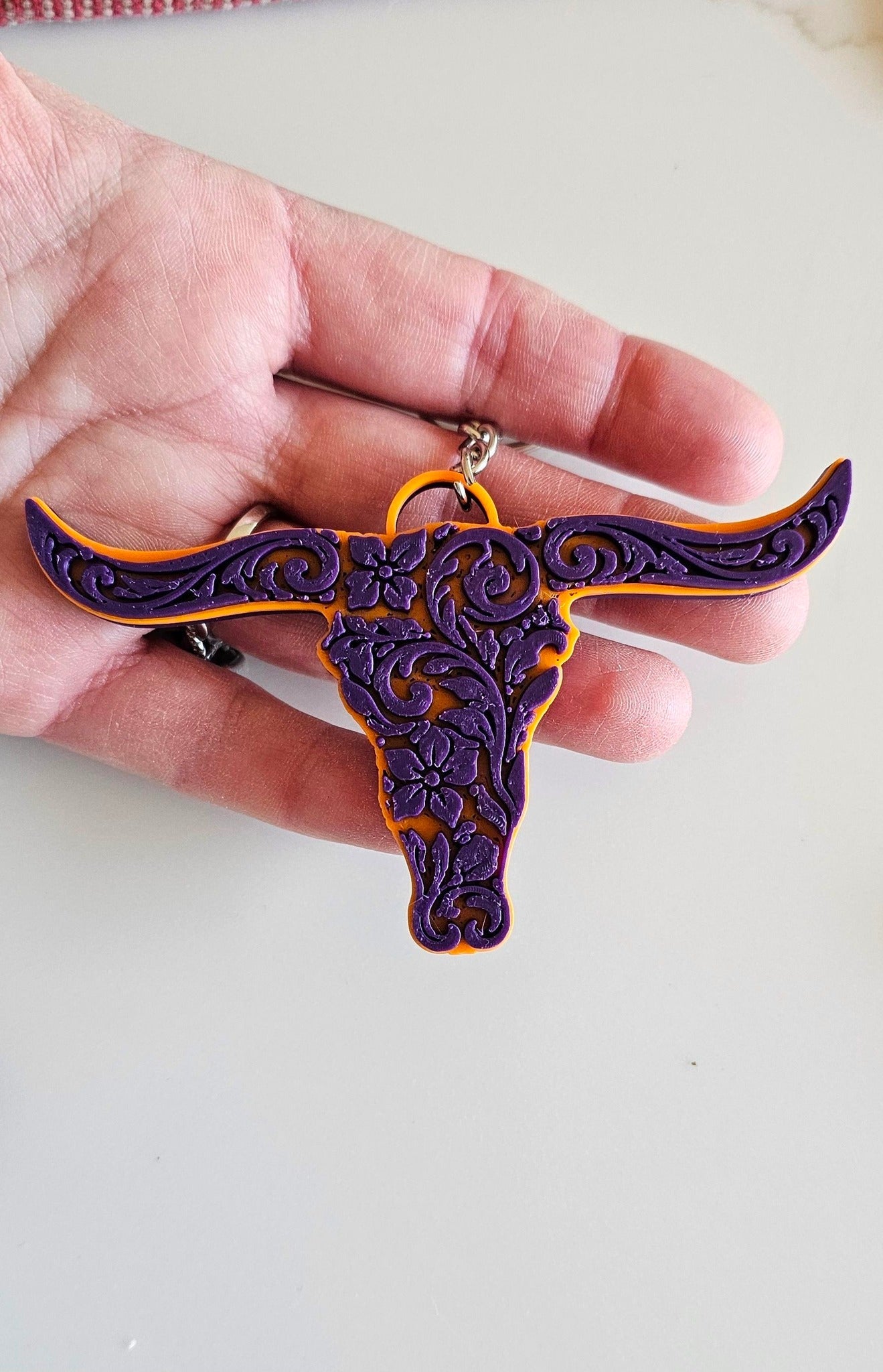 3D Printed Tooled Longhorn Keychain, Purse Charm, or Ornament