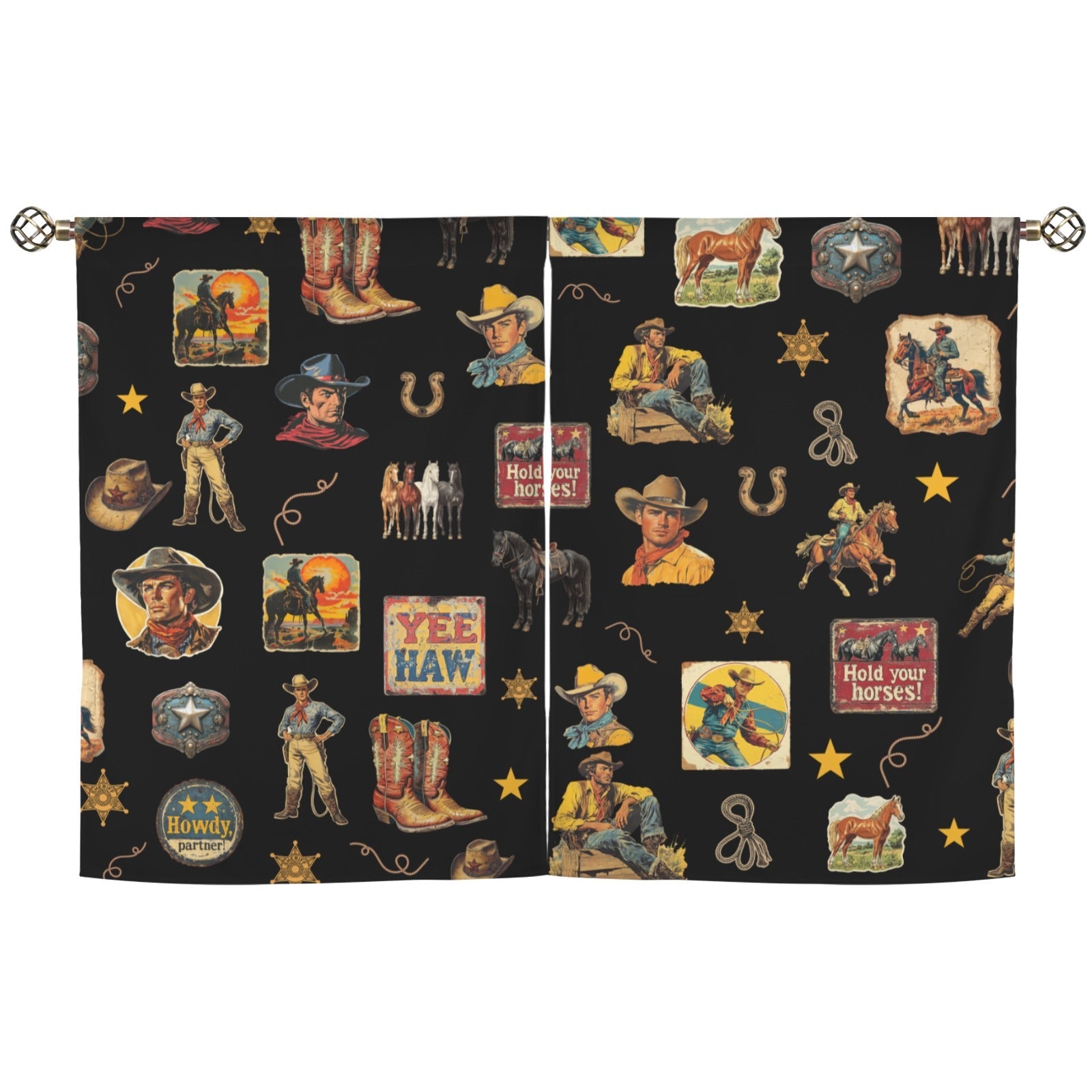 Vintage Cowboy Collage Western Curtains 28" x 40" Made in America