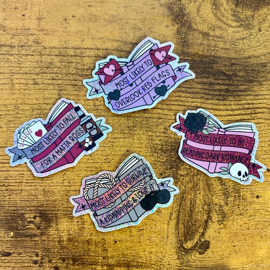 Dark Romance Tropes Books Mini Sticker Bundle - Crushed Glitter Finish - 4 Stickers